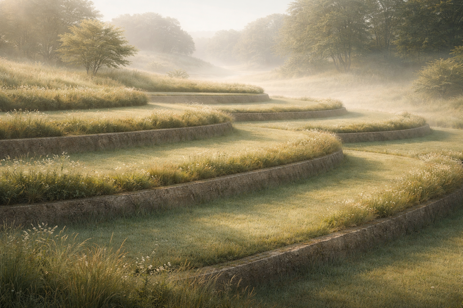 Sonnige, terrassierte Rasenfläche in einem hügeligen Park, umgeben von Bäumen und Nebel im Hintergrund.