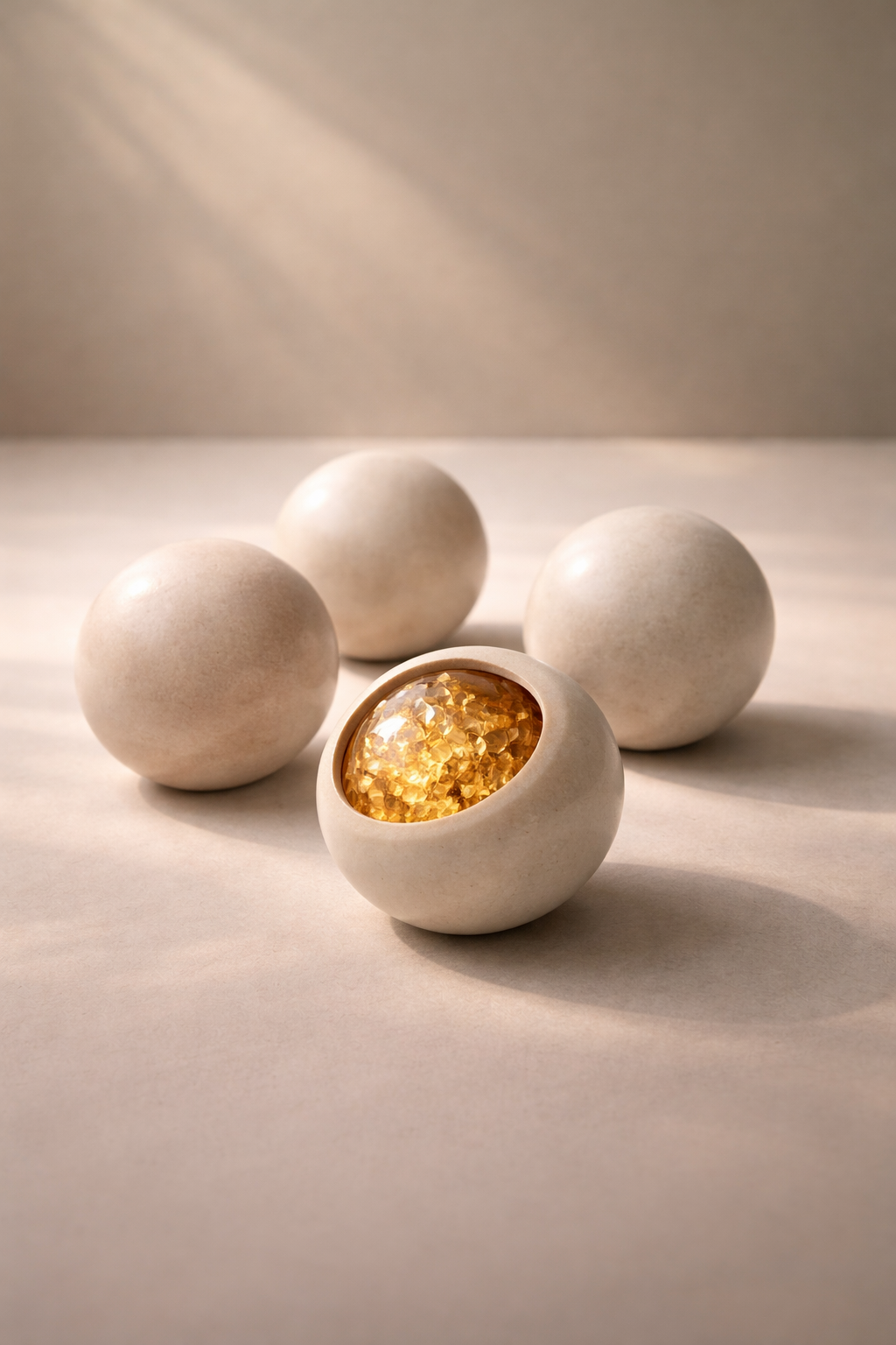 Vier weiße, runde Behälter, einer geöffnet mit goldgelben Kristallen im Inneren, auf hellem Hintergrund mit Licht- und Schatteneffekten.