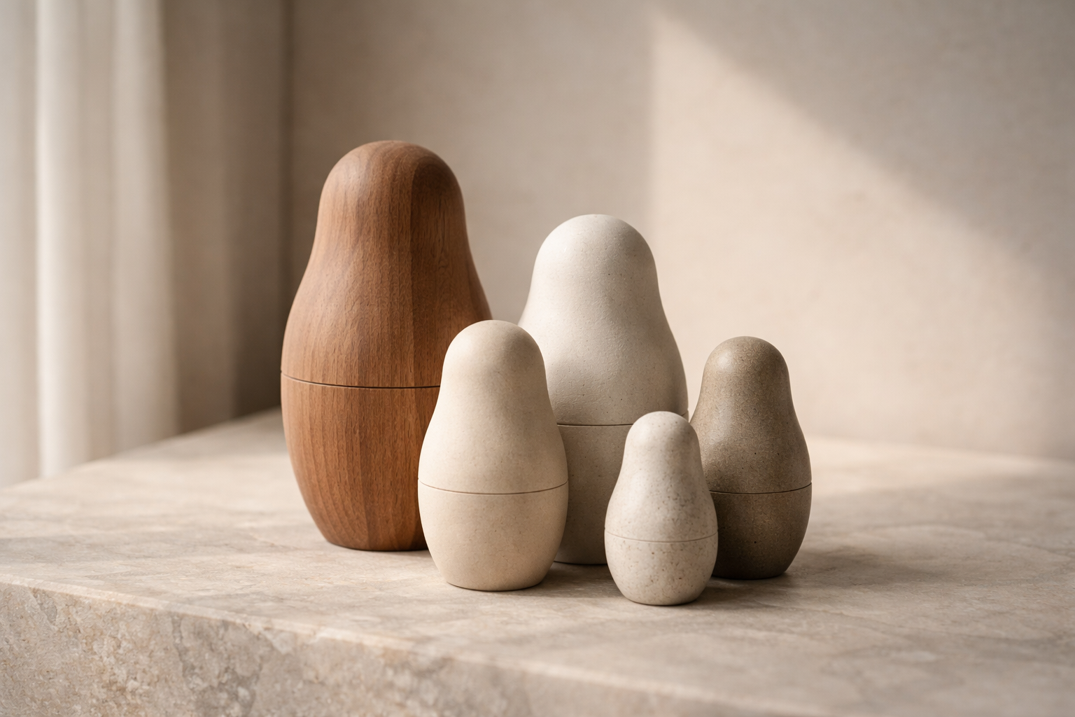 Verschiedene keramische und holzartige Figuren in unterschiedlichen Größen auf einer Steinoberfläche, mit sanfter natürlicher Beleuchtung.