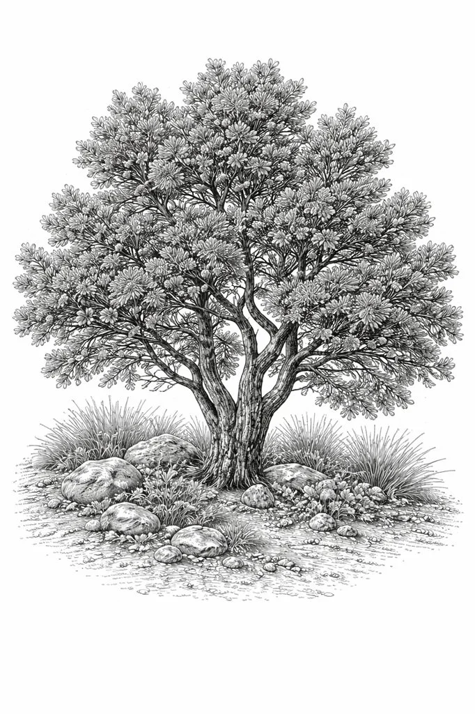 A detailed black and white illustration of a tree with a thick trunk, full leafy branches, and surrounded by rocks and grass.