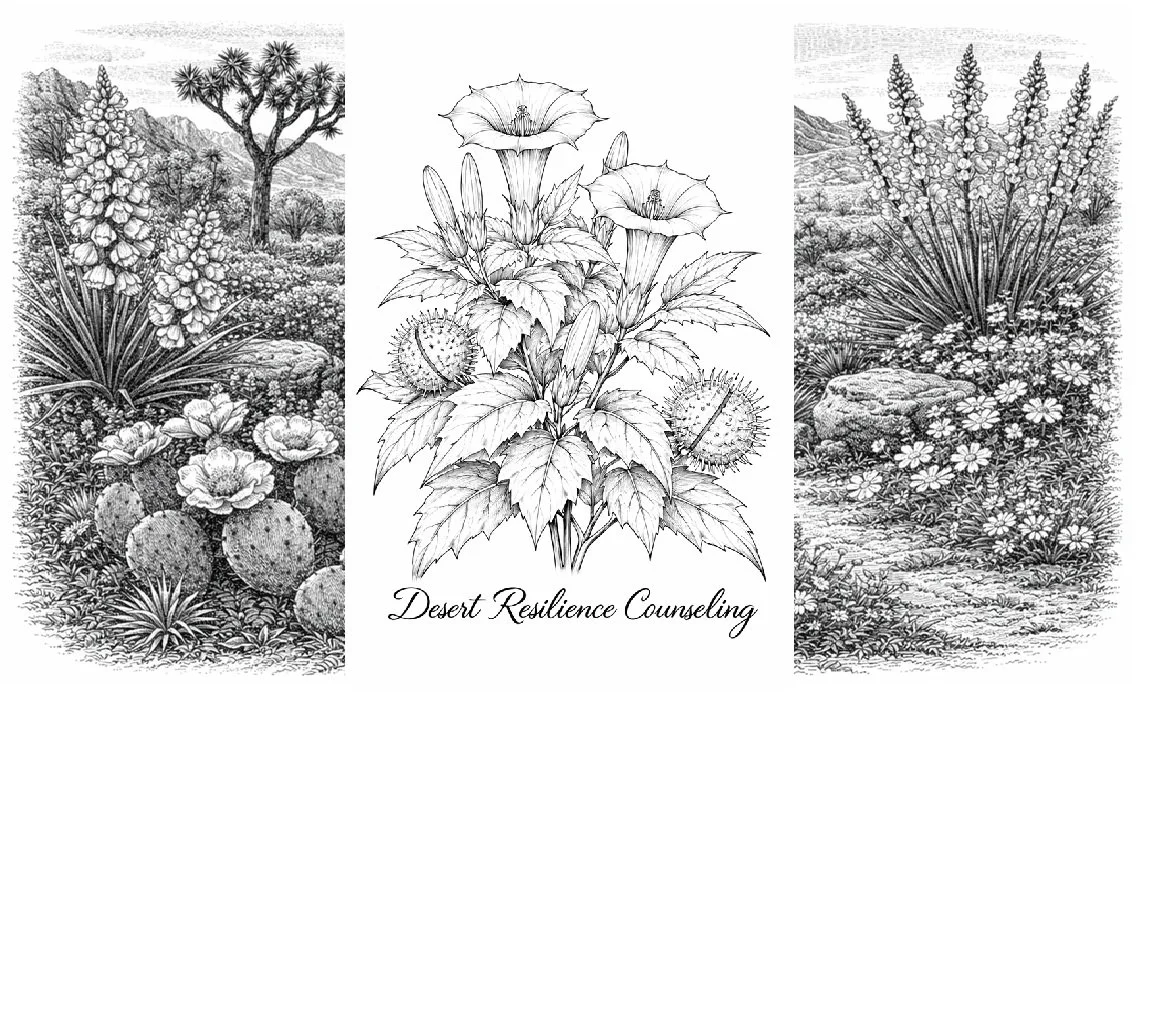 Desert Resilience Counseling Danielle Simmons LPCC LPAT HTR Horticultural Therapy Art Therapy Datura blossom Santa Fe, NM