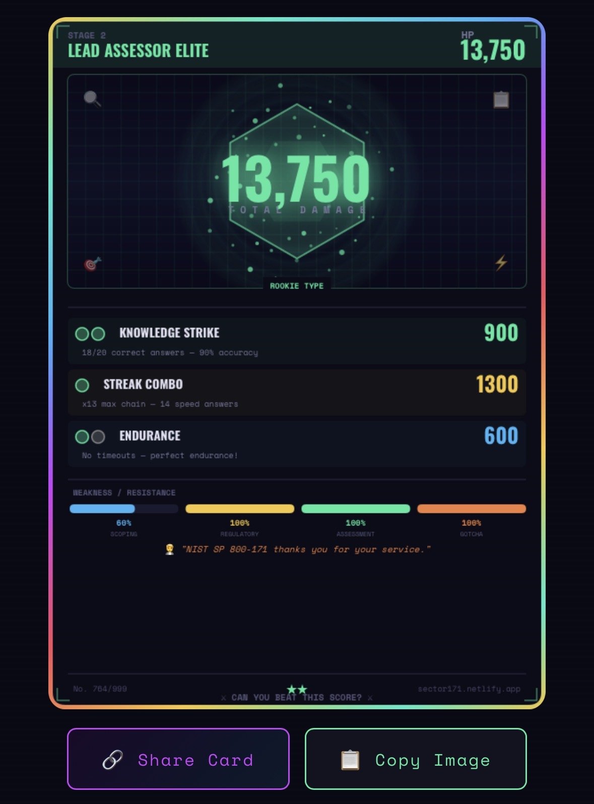 A digital game screen showing a score of 13,750 with various game metrics including knowledge strike, streak combo, endurance, and resistance levels, framed by a colorful border.