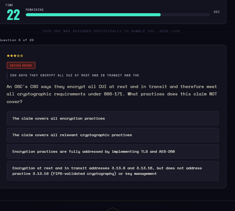 Online quiz screen showing question 8 of 20 about encryption practices, with a countdown timer at 22 seconds, a message about humility, a five-star rating graphic, and multiple-choice answers regarding cryptographic practices.
