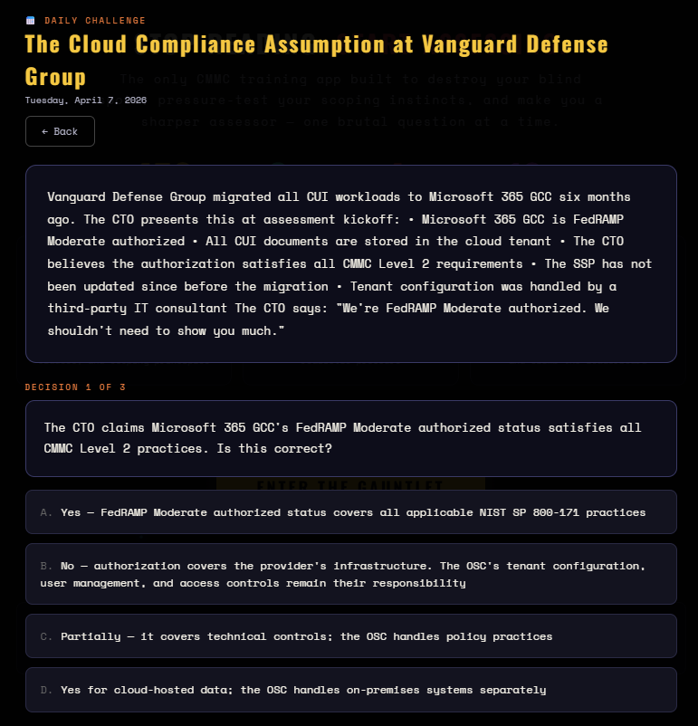 Screenshot of an online assessment titled "The Cloud Compliance Assumption at Vanguard Defense Group", dated Tuesday, April 7, 2026. The screen shows a paragraph about migrating workloads to Microsoft 365 GCC and compliance levels, a multiple-choice question about FedRAMP Moderate status, and four answer options labeled A through D.