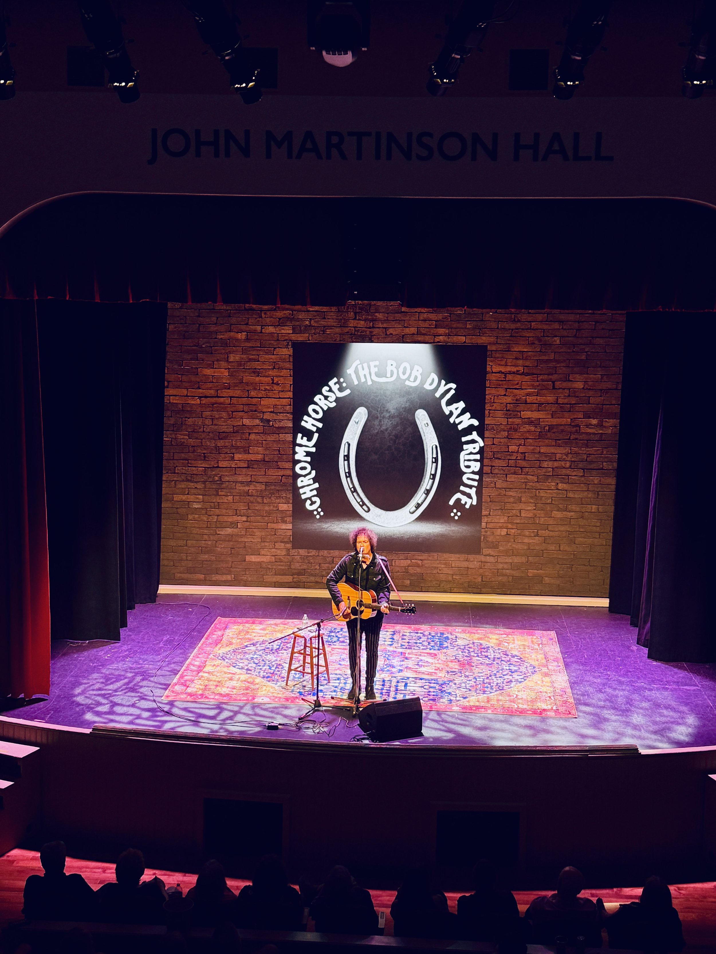 Performer with curly hair playing an acoustic guitar on stage at John Martinson Hall, with a microphone, stool, and a large horseshoe logo on the brick wall behind him. Chrome Horse: The Bob Dylan Tribute at The Newtown Theatre, Newtown, PA.