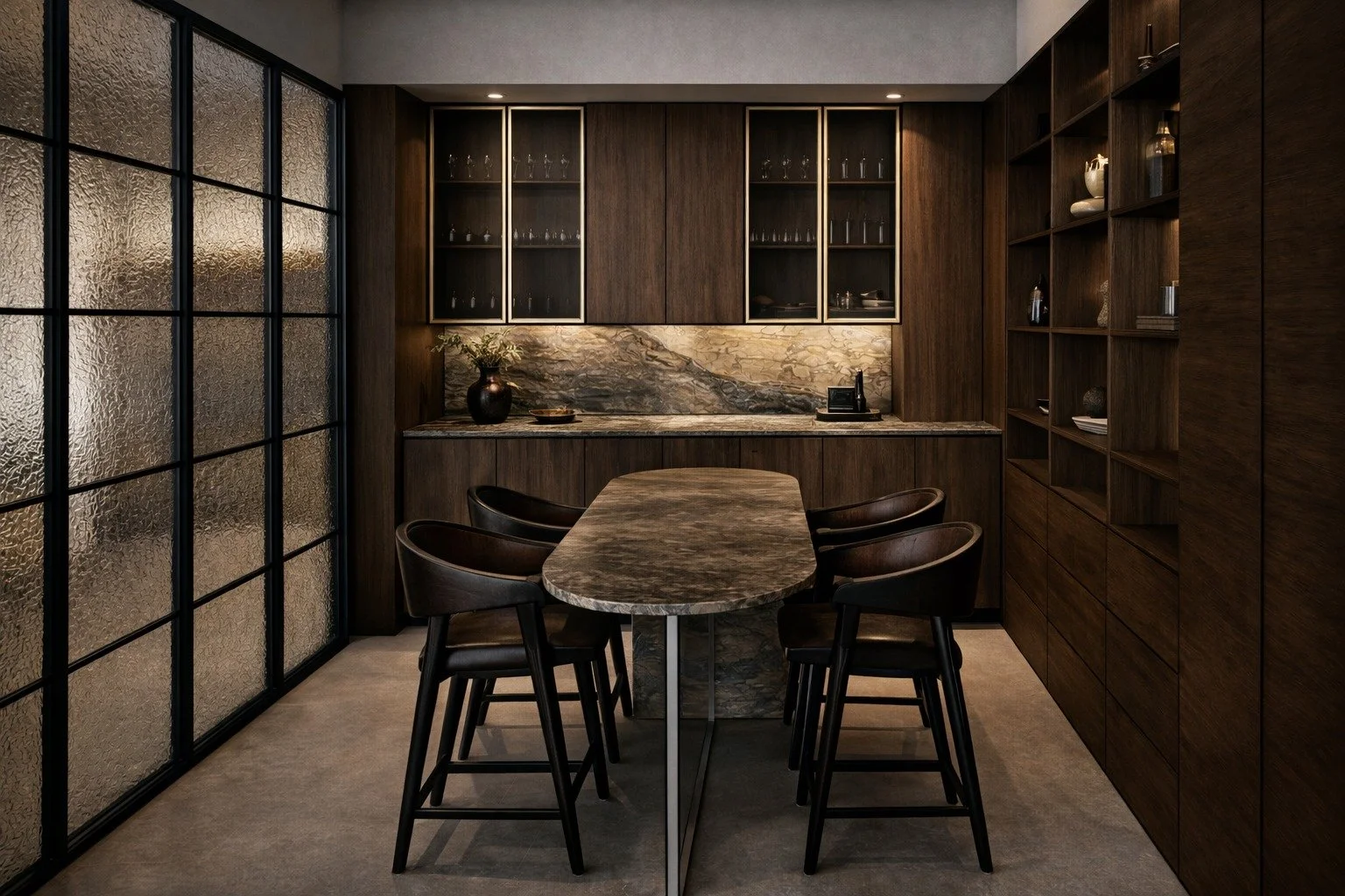 Modern kitchen with dark wood cabinets and glass doors and brown marble countertops