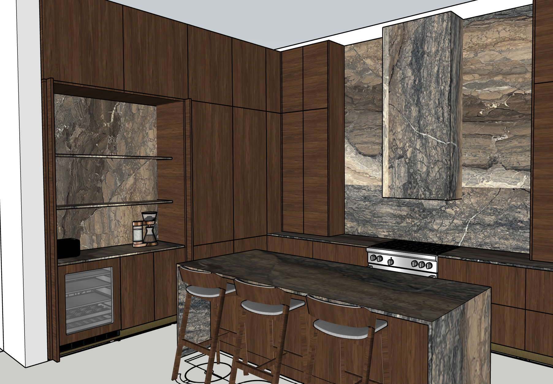 3D Sketchup Model of Modern kitchen with dark wood cabinets and glass doors and brown marble countertops