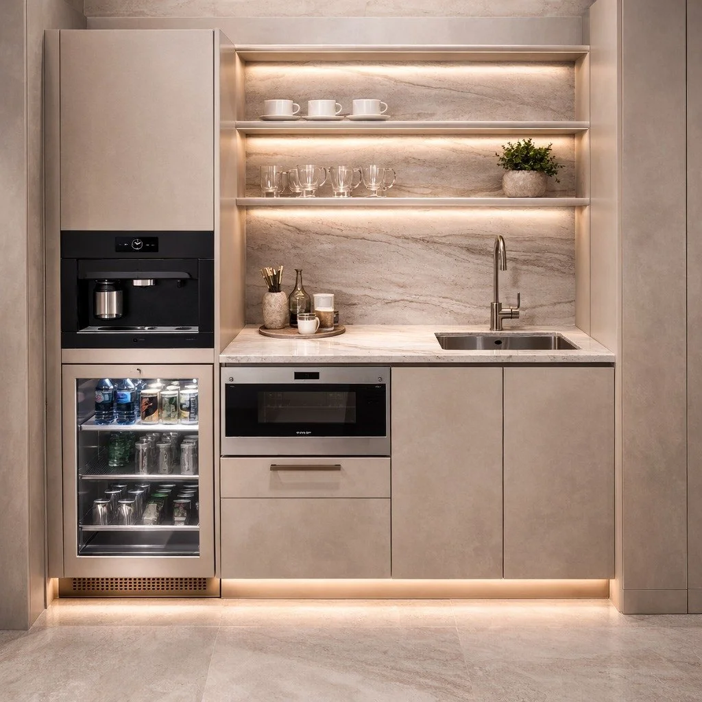 Modern, warm kitchenette design with built in coffee and mini fridge and beige cabinets