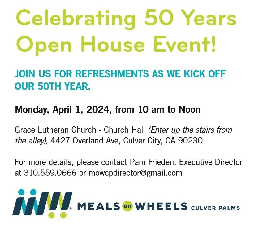 An event announcement for a 50th anniversary open house celebration at Grace Lutheran Church on April 1, 2024, from 10 am to noon, including contact details and a Meals on Wheels logo at the bottom.
