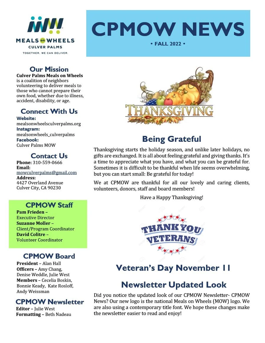 Fall 2022 newsletter from Meals on Wheels Culver Palms featuring a Thanksgiving message, with information about the organization, staff, board members, and newsletter update.