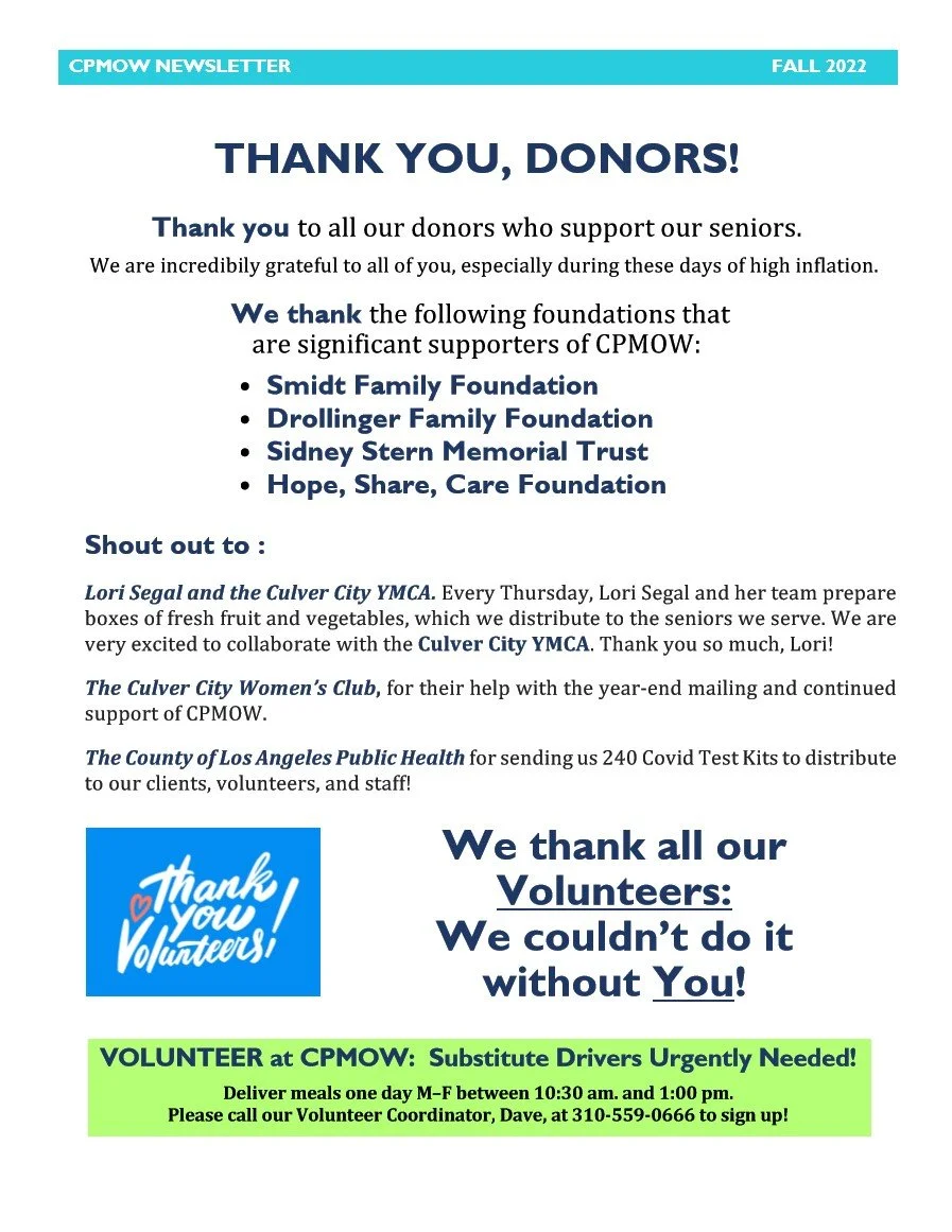 A newsletter page titled 'Thank You, Donors!' with a blue header and white background. It expresses gratitude to donors, lists supporting foundations, and mentions organizations like Lori Segal and the Culver City YMCA, the Culver City Women's Club, and the Los Angeles Public Health. A blue square contains a white handwritten-style 'thank you! volunteers!' message with a small red heart. A green highlighted message urges volunteers at CPMOW to deliver meals and includes a contact number for signing up.