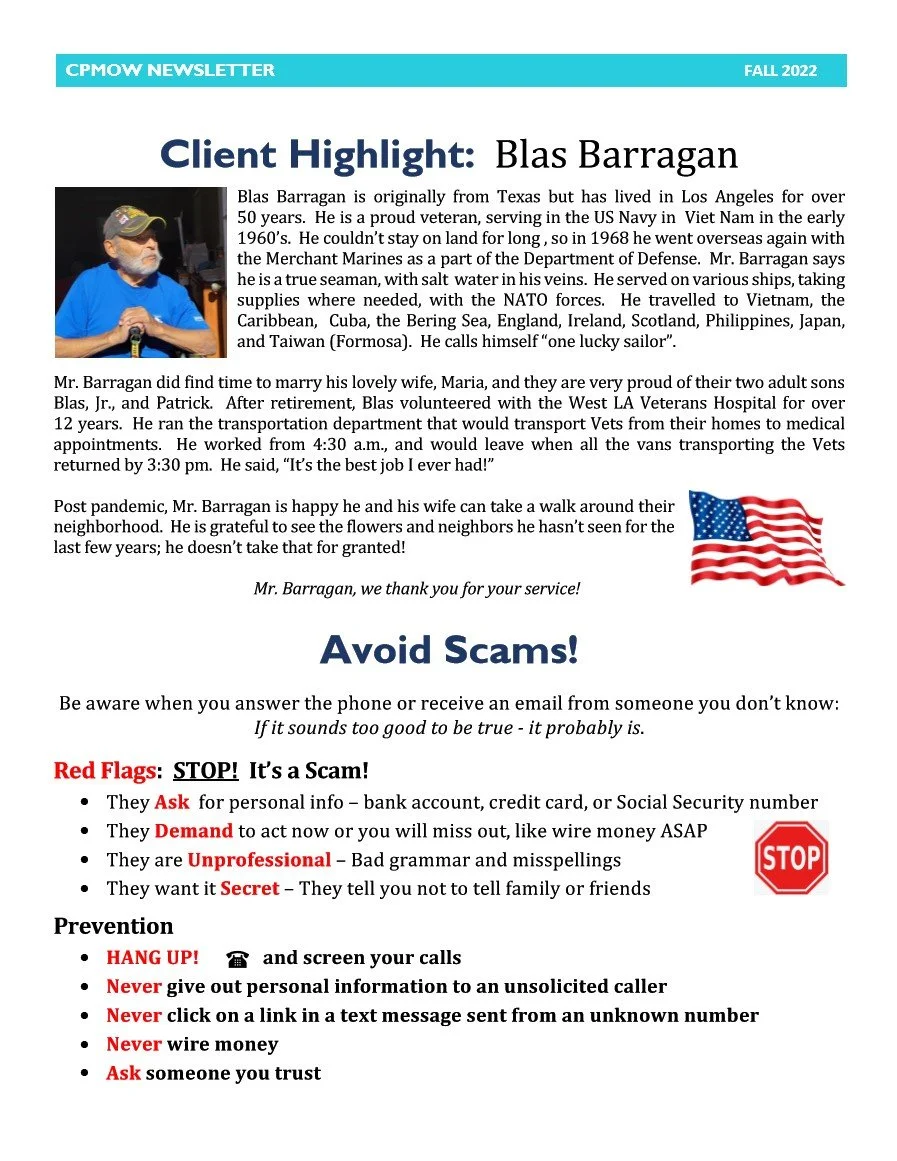 CPMOW newsletter header titled 'FALL 2022' with a 'Client Highlight' featuring Blas Barragan, including a photo of him in a blue shirt and cap, and an American flag graphic.
