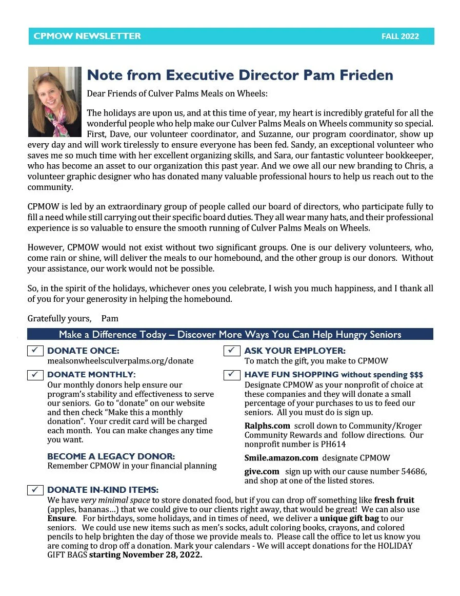 Fall 2022 newsletter from Culver Palms Meals on Wheels, featuring a note from Executive Director Pam Frieden, a photo of Pam Frieden, and information on ways to support the organization including donations and volunteering.