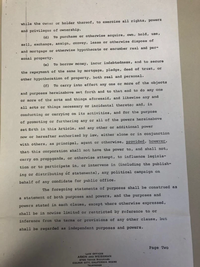 Typed legal document containing clauses related to ownership rights, borrowing money, carrying out acts, and legislative influence, ending with publication information from Law Offices Arkin and Weissman in Culver City, California.
