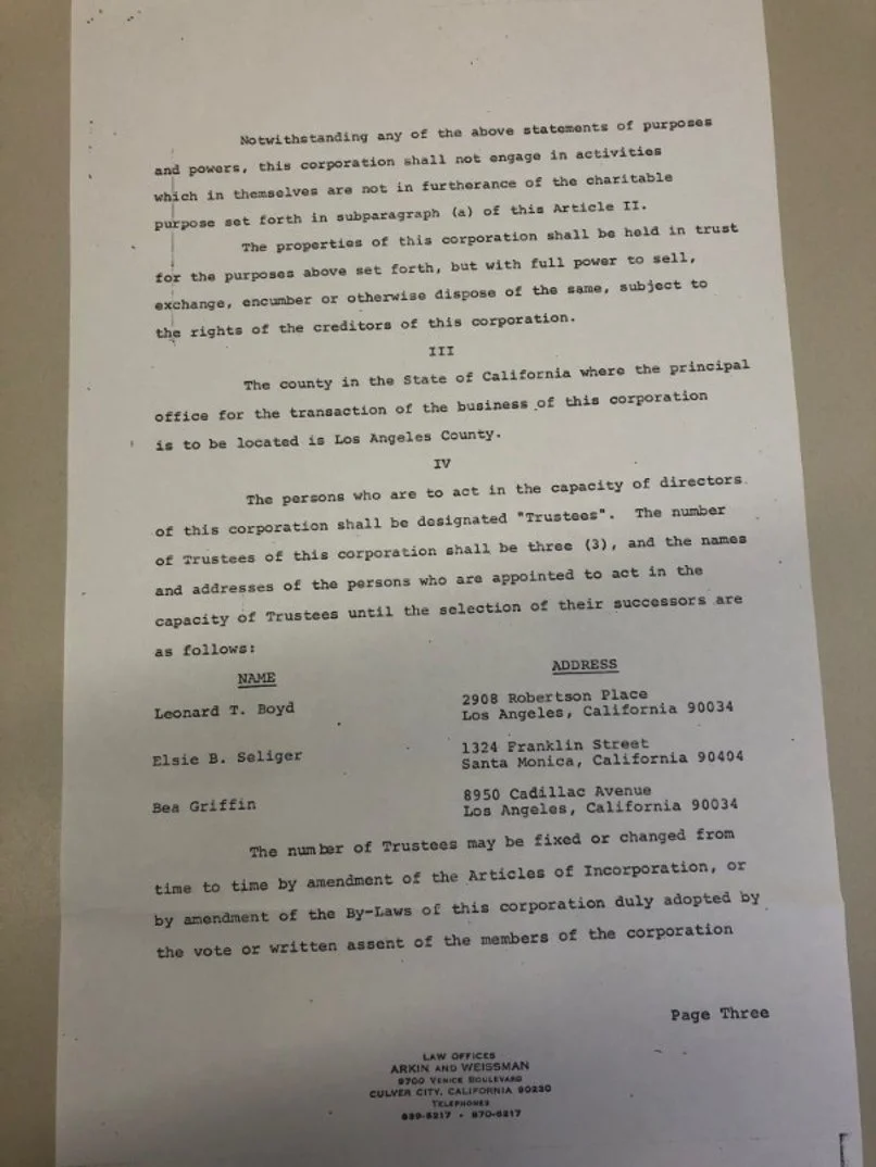 A typed legal document outlining the governance, trustee appointments, and administrative procedures for a corporation, including address details for Los Angeles County, with a footer listing law office contact information.