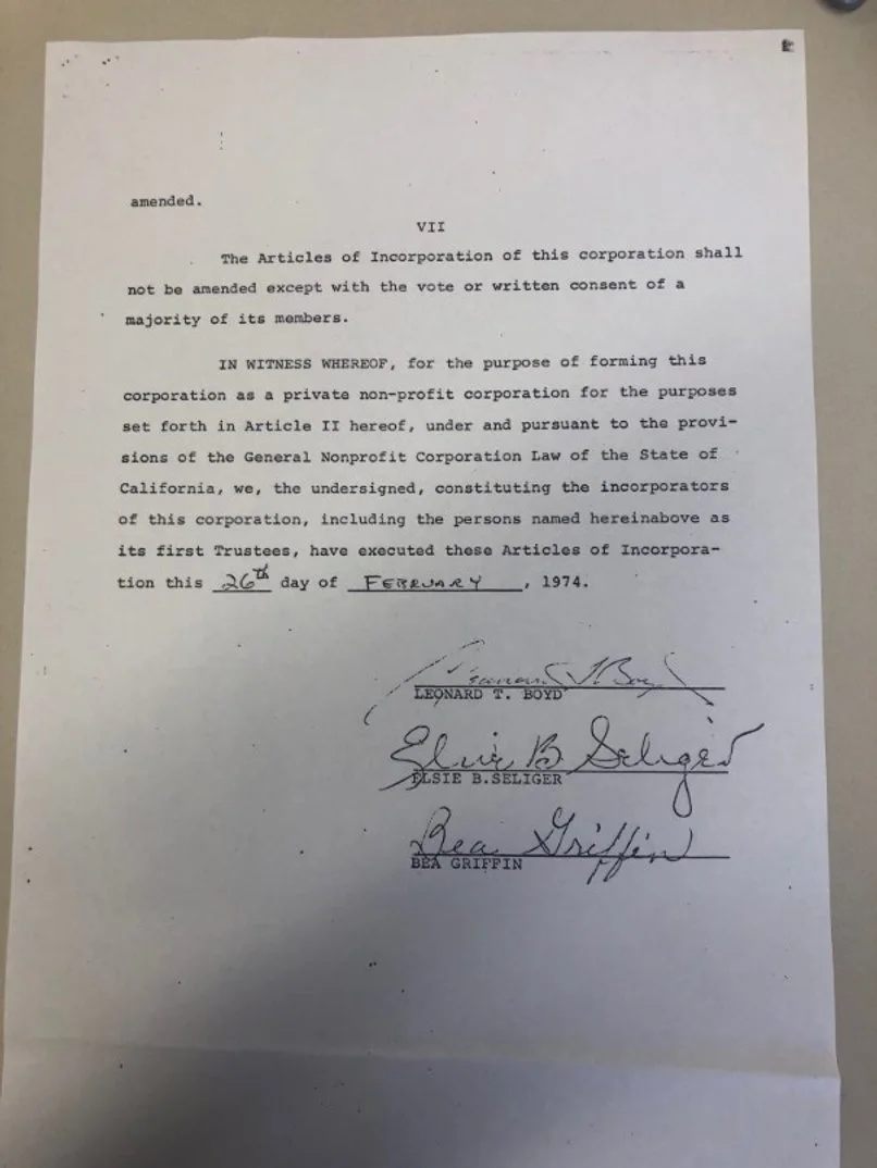 Official document with signatures from Leonard T. Boyd, Elsie B. Seliger, and Bea Griffin, dated February 26, 1974, related to the incorporation of a corporation under California law.