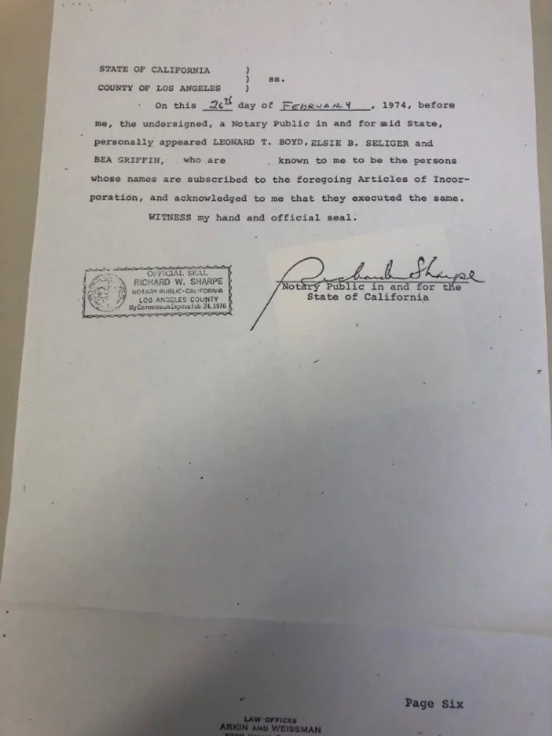 A legal document from California, dated February 24, 1974, with signatures and official seals, certifying the identity of Leonard T. Boyd, Elsie B. Seliger, and Bea Griffin.