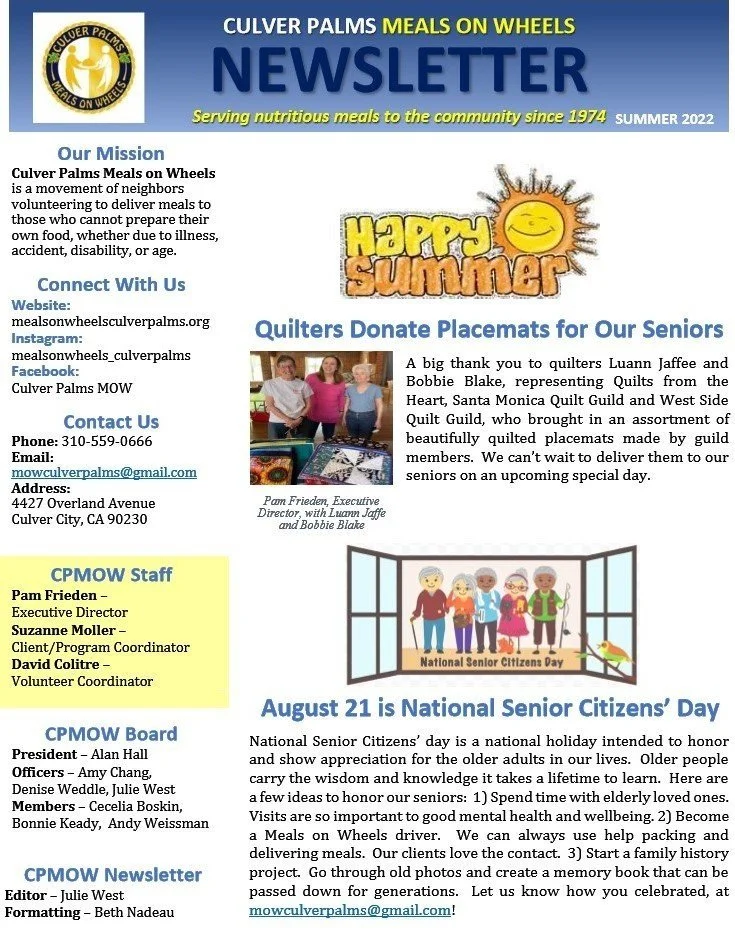 Culver Palms Meals on Wheels newsletter for Summer 2022, featuring a 'Happy Summer' graphic, information about quilting for seniors, and details about National Senior Citizens Day on August 21.