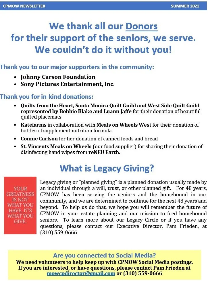 A newsletter titled 'CPMOW NEWSLETTER SUMMER 2022' with a message thanking donors, major supporters Johnny Carson Foundation and Sony Pictures Entertainment, Inc., and in-kind donors including Quilts from the Heart, Santa Monica Quilt Guild, West Side Quilt Guild, Katefarms, Connie Carlson, and St. Vincent's Meals on Wheels. The newsletter explains the concept of Legacy Giving, encourages support for CPMOW, and provides contact information for questions and social media volunteer requests.