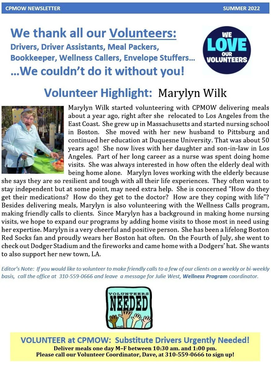 CPMOW Summer 2022 newsletter thanking volunteers, highlighting Marylyn Wilk's volunteer story, with a "Volunteers Needed" sign at the bottom.