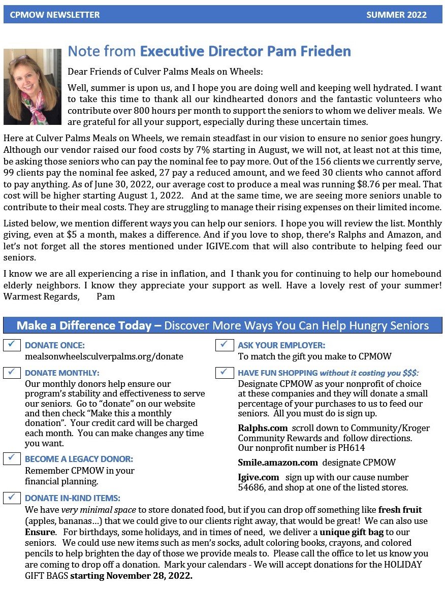 Newsletter from Culver Palms Meals on Wheels featuring a note from Executive Director Pam Frieden, discussing ways to help seniors and donate, along with a small photo of Pam Frieden, summer 2022.