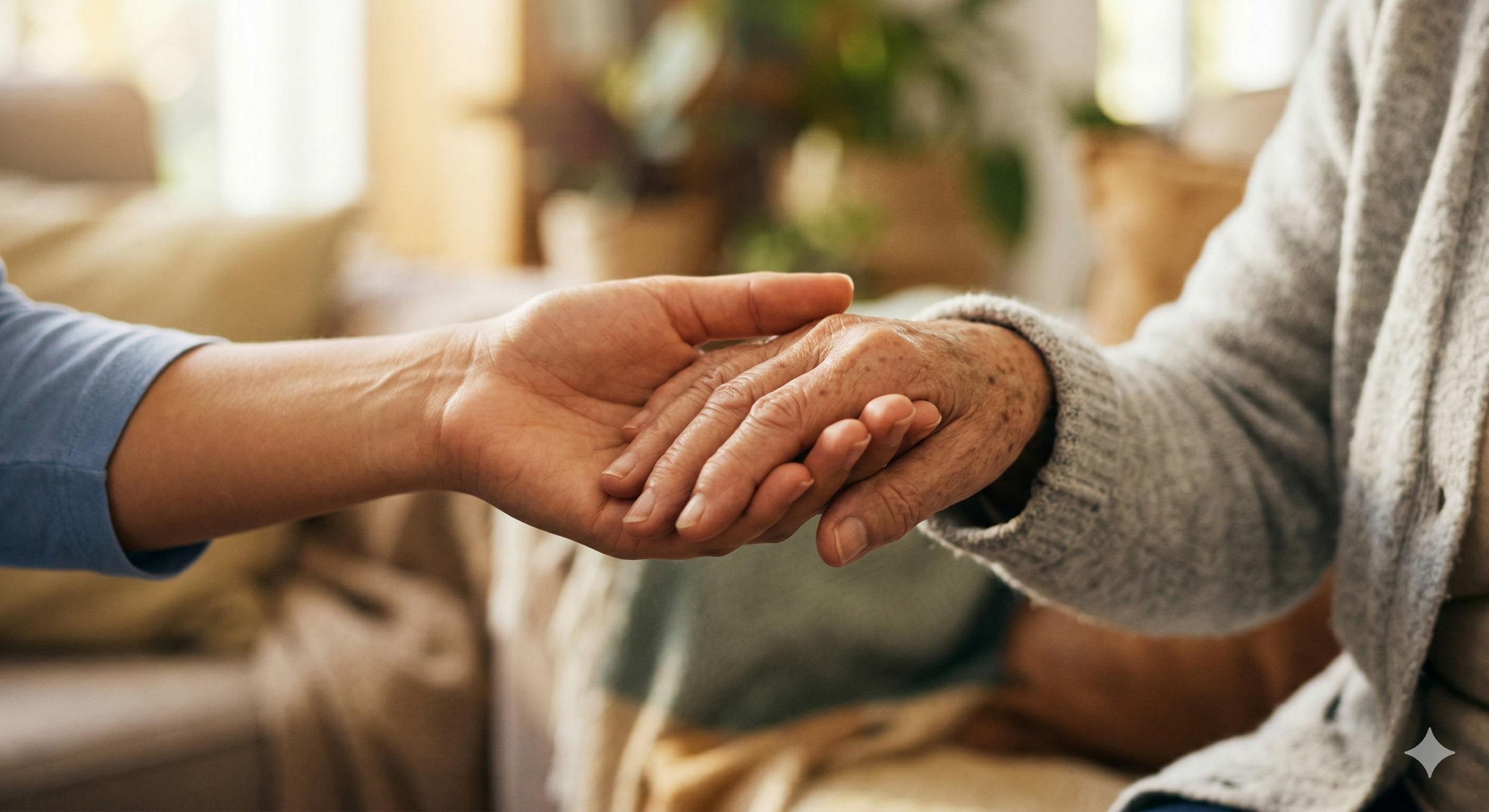 A caregiver holding an elderly person's hand in a warm, indoor setting with natural light and blurred background.