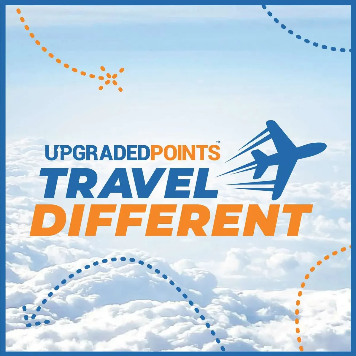A promotional graphic with a sky background and clouds, featuring a blue airplane icon and the text 'Upgraded Points Travel Different' in blue and orange, with dotted line accents in orange and blue.