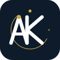 Logo with the letters 'AK' in white, surrounded by a yellow curved line and a white curved line on a dark blue background.