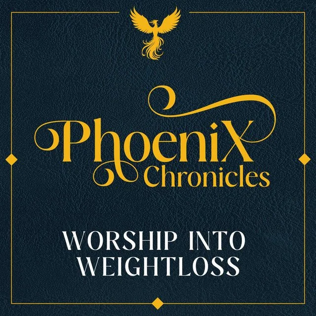 Book cover titled 'Phoenix Chronicles' with a golden phoenix emblem at the top and the tagline 'Worship Into Weight Loss' at the bottom.