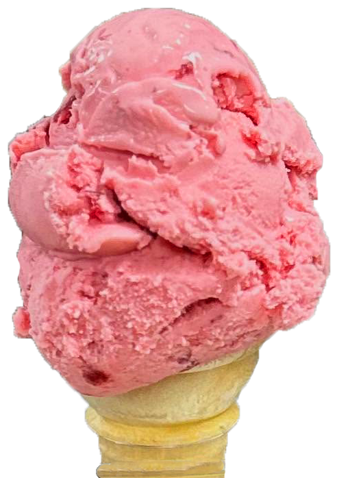 Close-up of a pink scoop of strawberry ice cream on a cone.