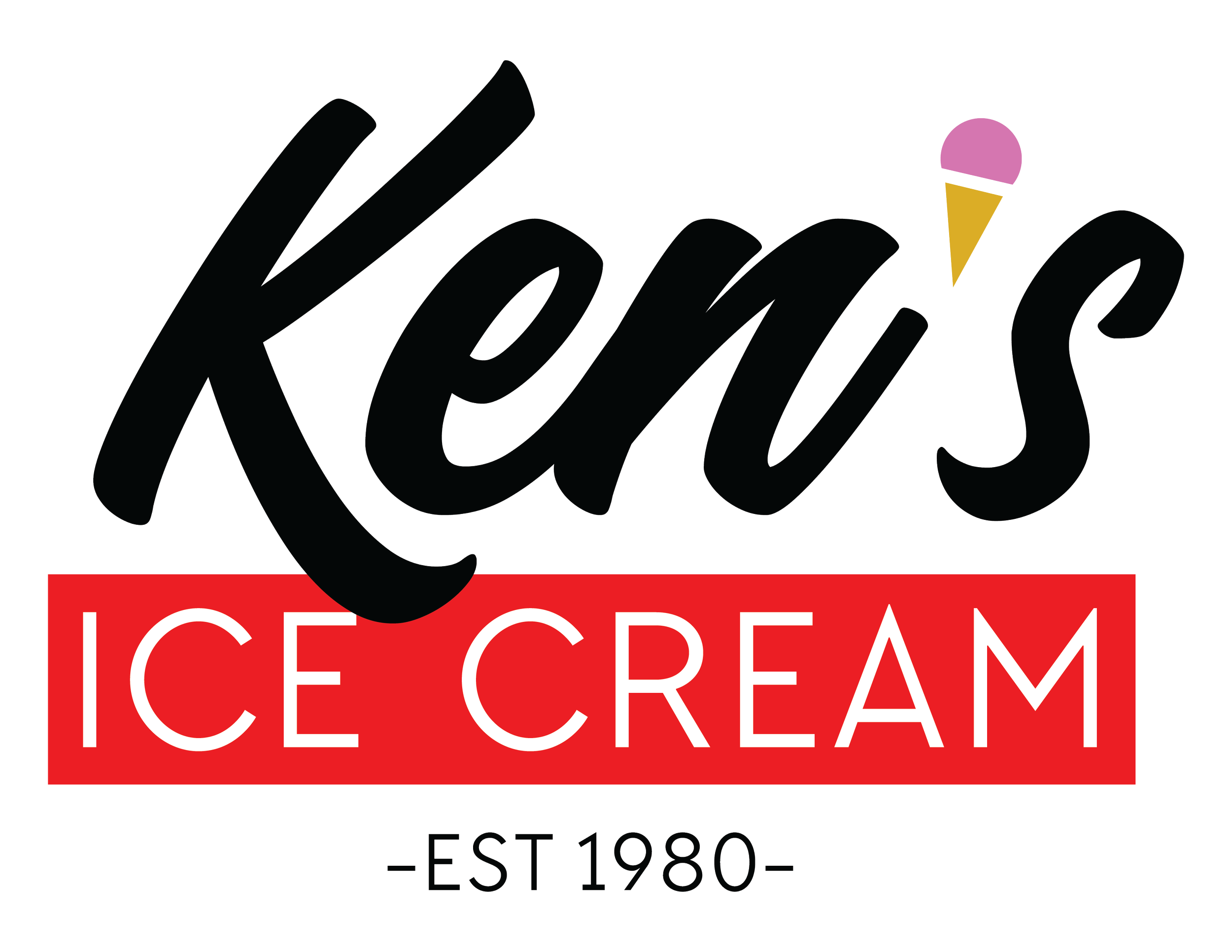 Kleing's Ice Cream logo with black script and pink and yellow ice cream illustration, red background, and white text stating 'ICE CREAM' and 'EST 1980'.
