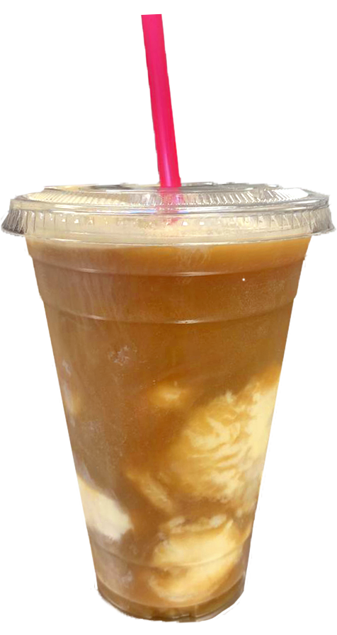 A cold coffee drink with a pink straw in a clear plastic cup with a lid.