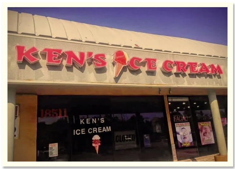 The storefront sign says 'Ken's Ice Cream' with a red ice cream cone graphic between the words.