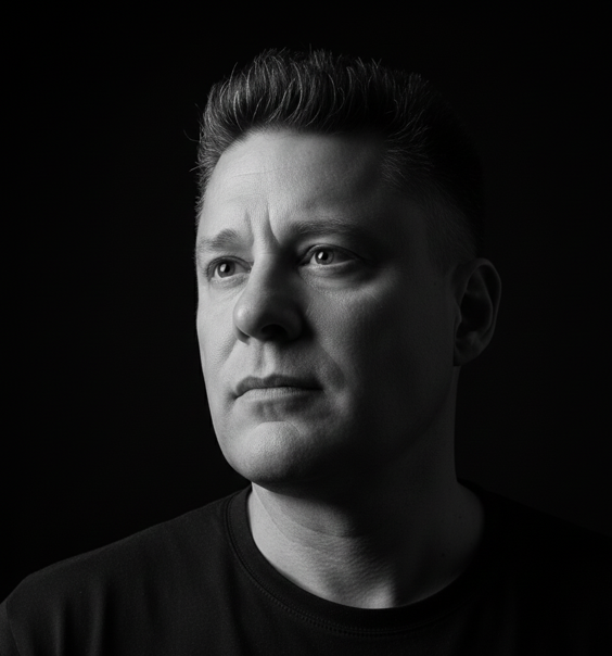 Black and white portrait of a man with short hair looking to the side against a dark background.