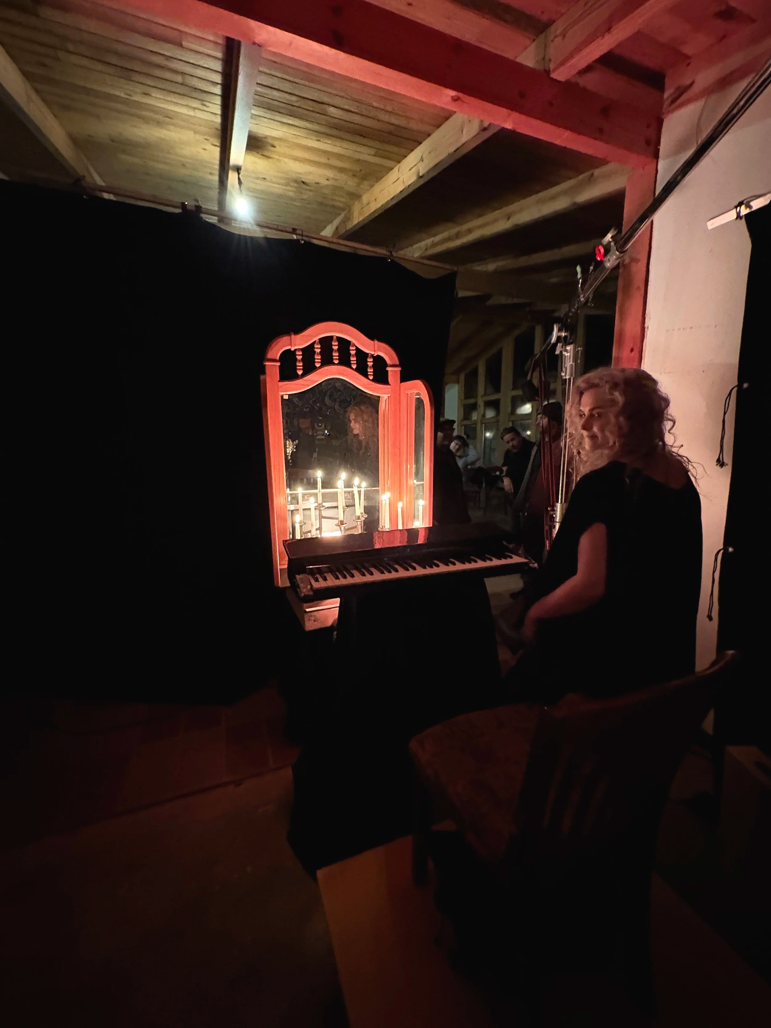 Callie's concert piano with modified casio, trifold mirror, and candelabra. 