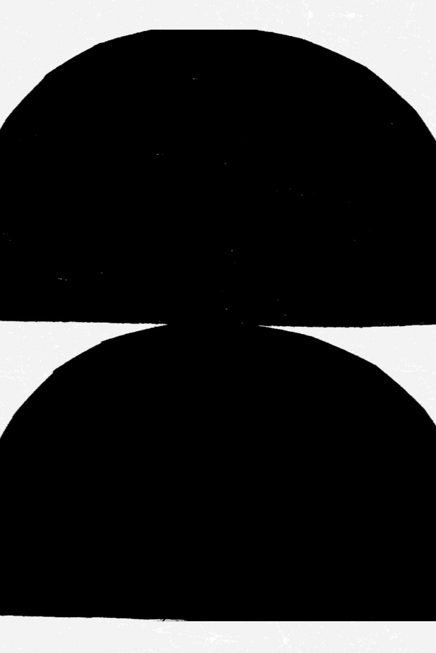 Abstract black and white geometric design featuring large black circles and rectangles.