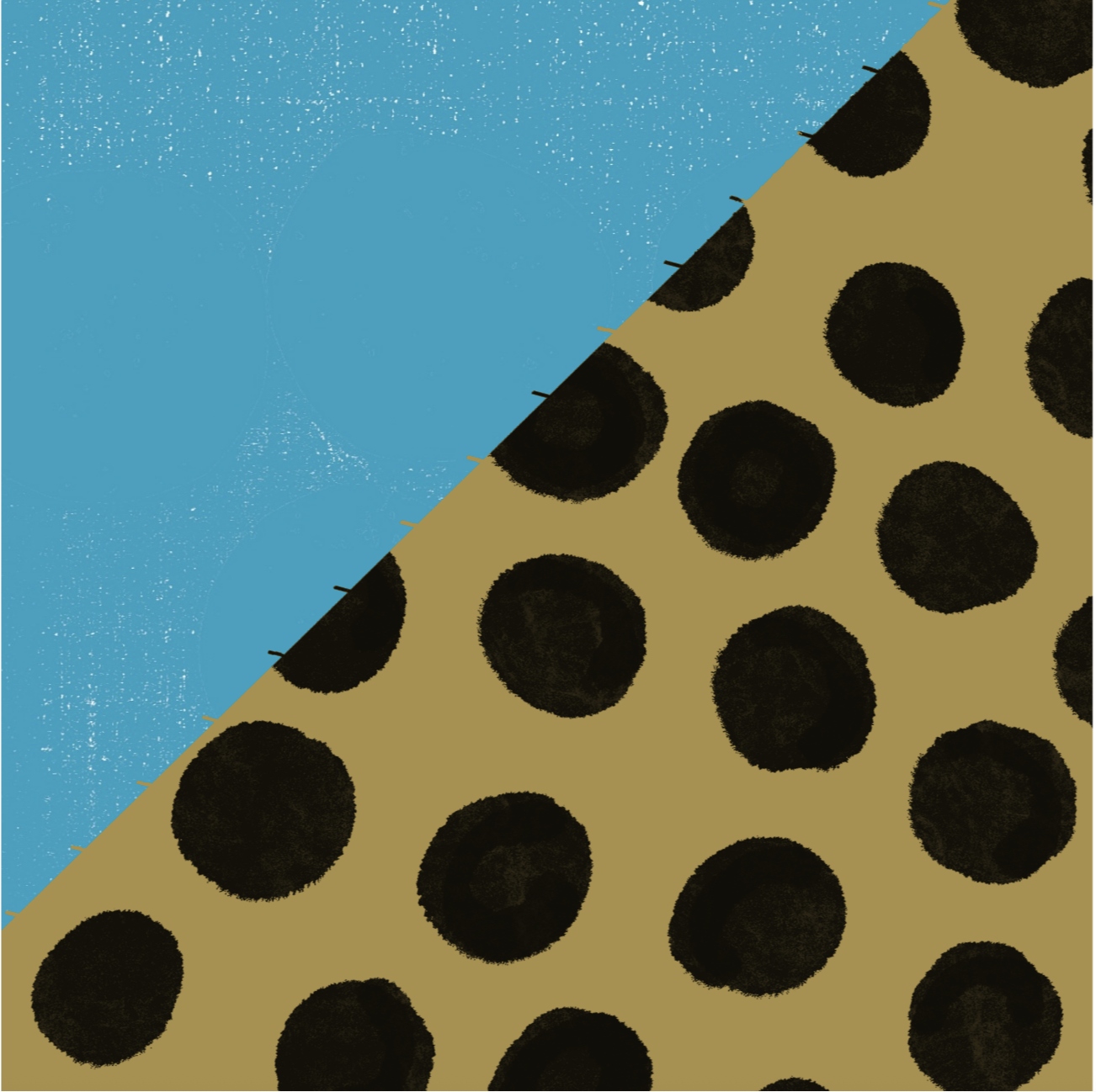 An abstract digital illustration divided diagonally, with the top left portion featuring blue textured background with circles, and the bottom right portion showing a yellow background with black polka dots.