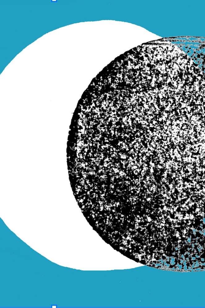 Close-up of a black and white textured sphere next to a white circular shape on a blue background.