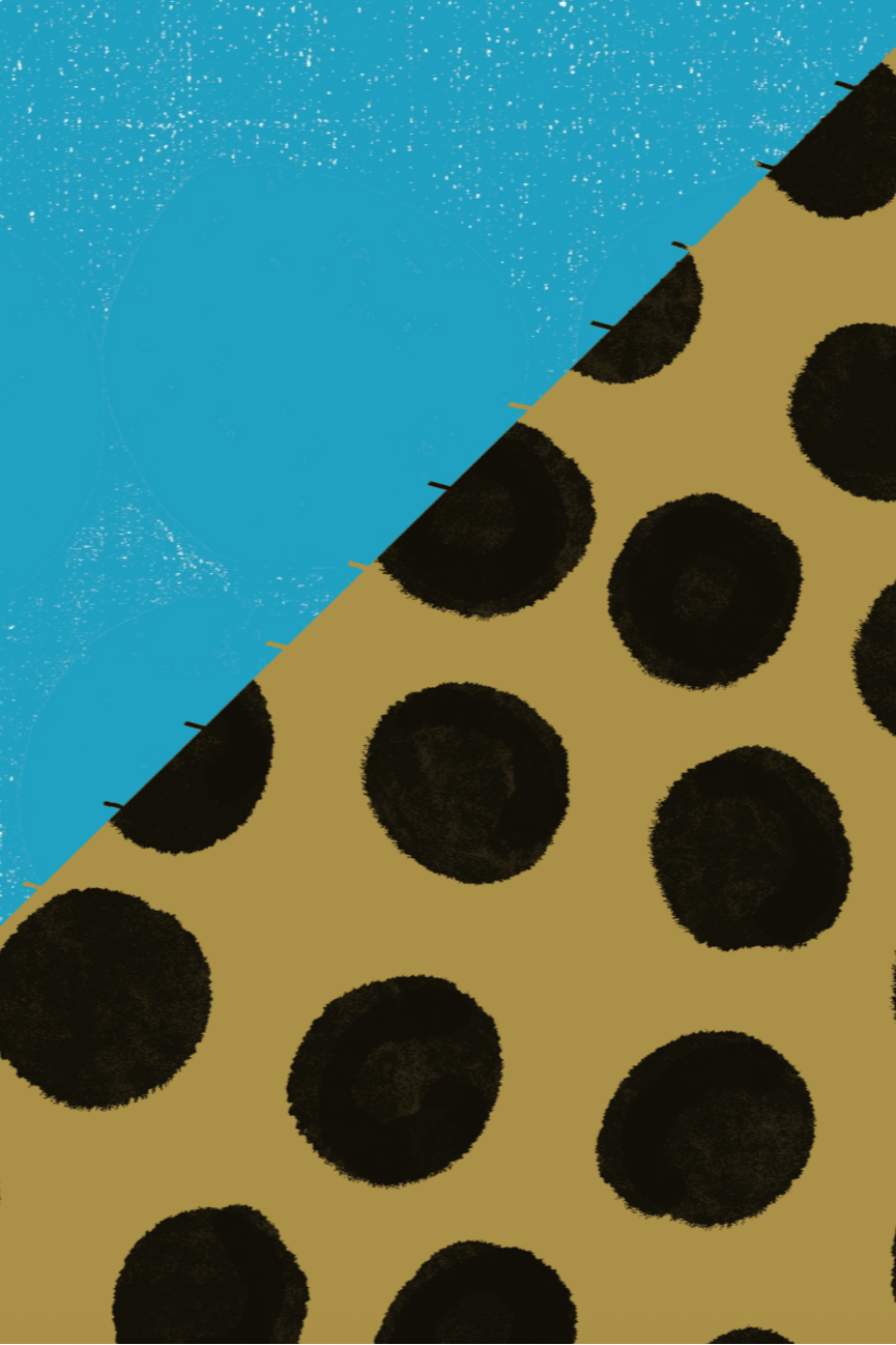 A split image with one side showing a blue abstract background with textured circles and the other side showing a tan background with large black spotted patterns.