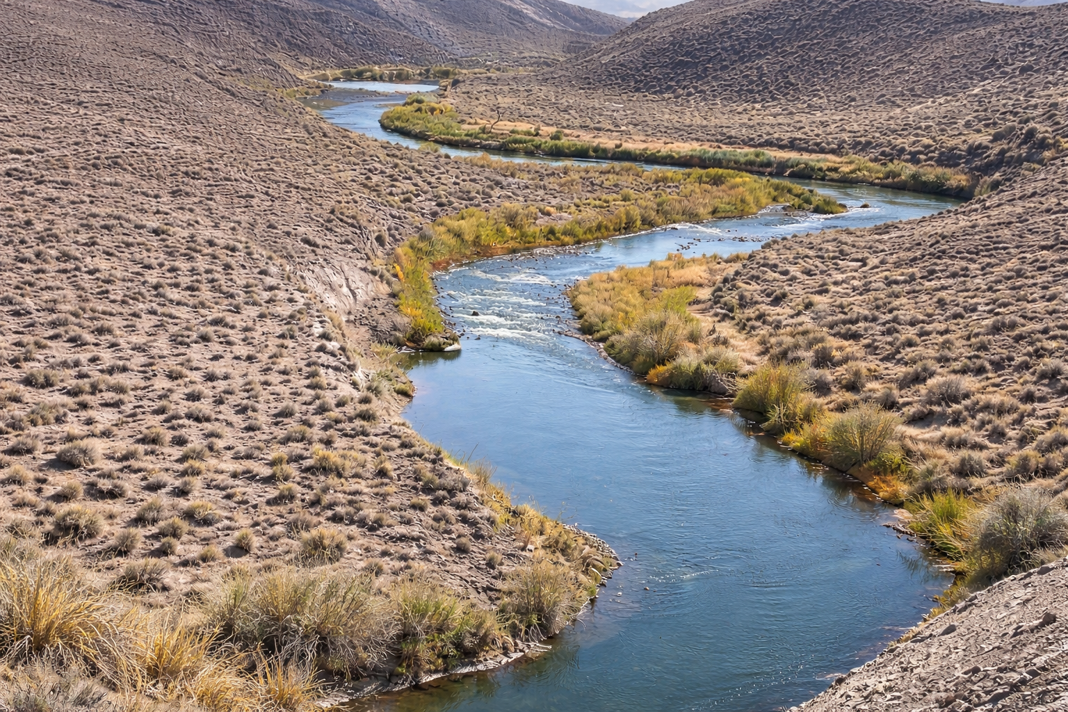 A winding river flowing through a semi-arid, mountainous landscape with sparse vegetation and bushes along the banks.