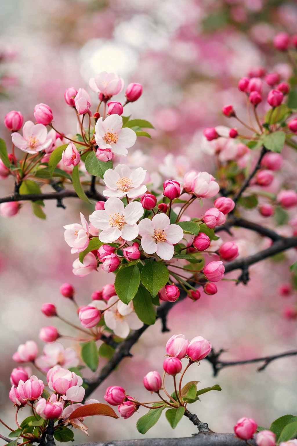 Close-up of pink and white cherry blossoms in bloom on tree branches.