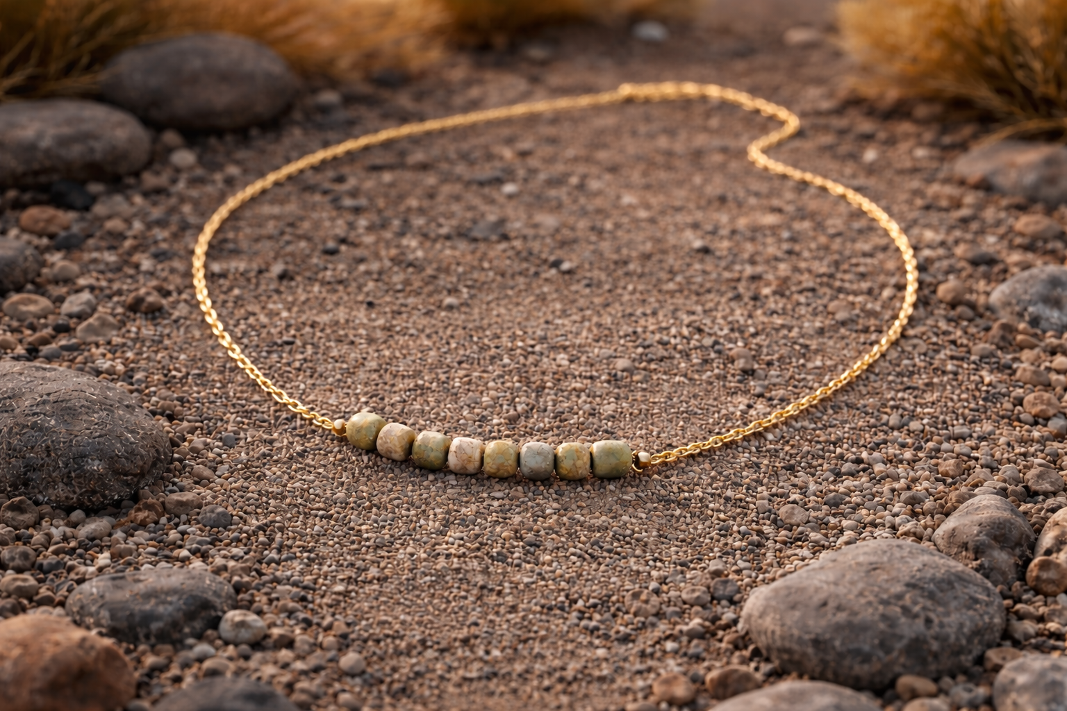 Gold chain necklace with seven pale greenish-beige beads lies on gravel ground surrounded by rocks and dry grass.