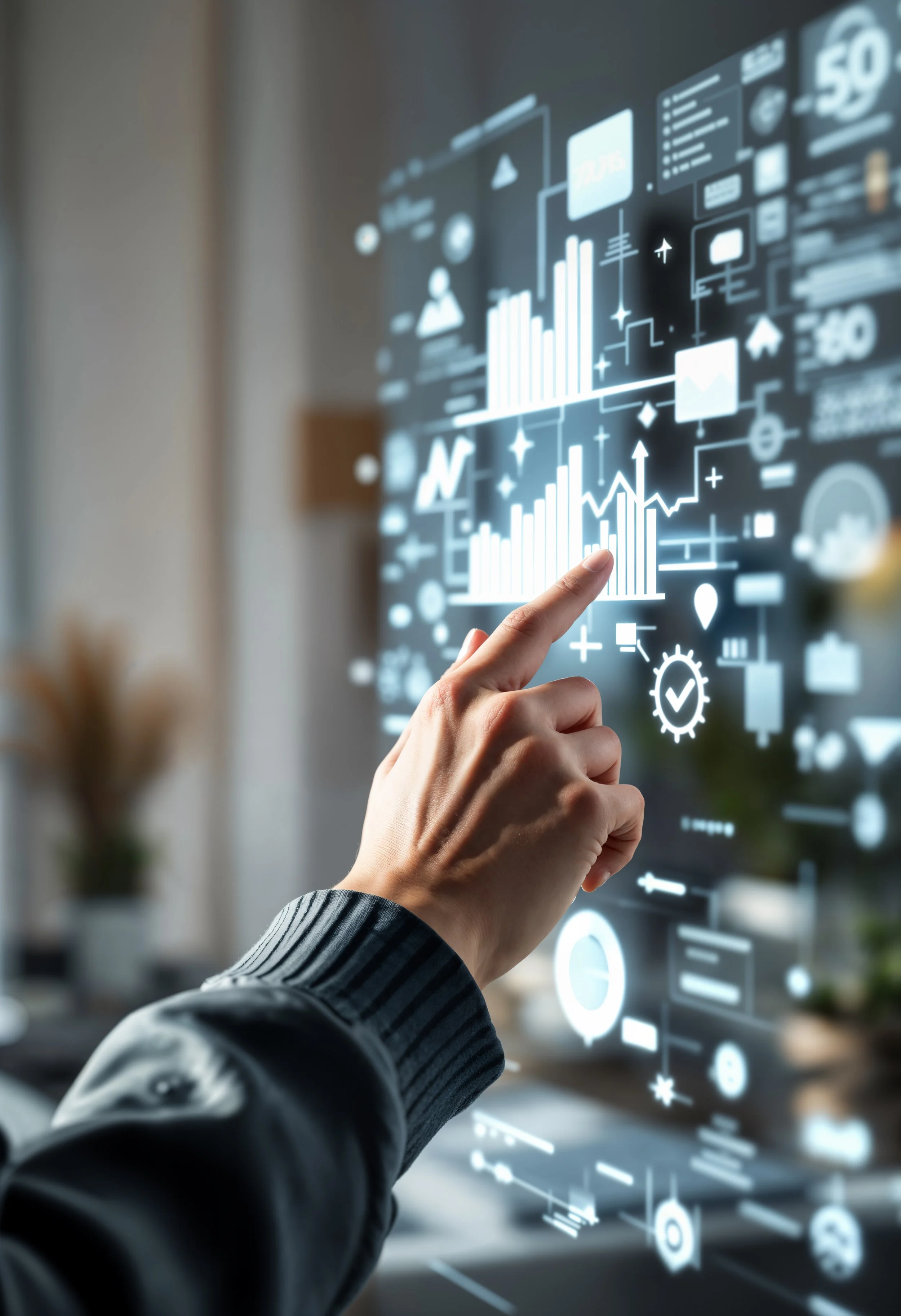 Person pointing at a digital screen displaying various data charts, graphs, and icons related to technology and analytics.