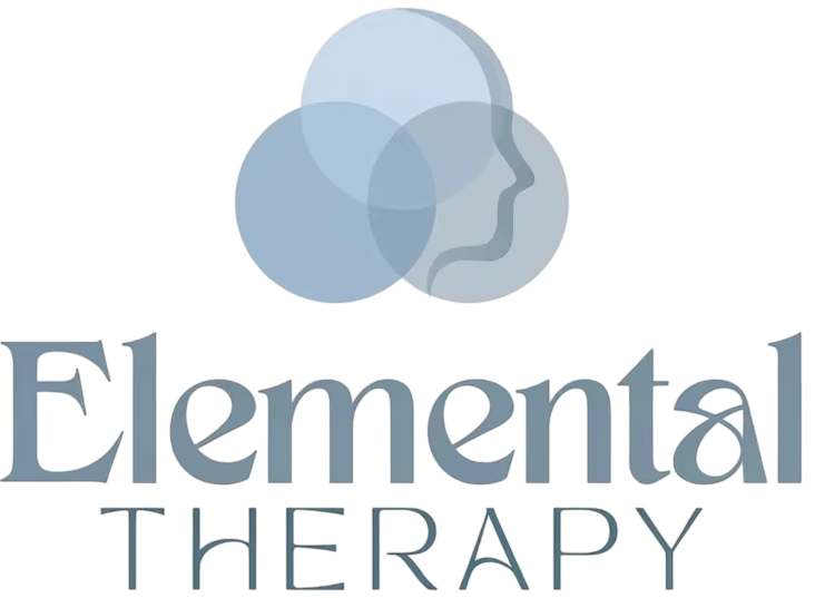 Logo with overlapping blue and gray circles and a profile of a woman's face, along with the words 'elemental therapy'.
