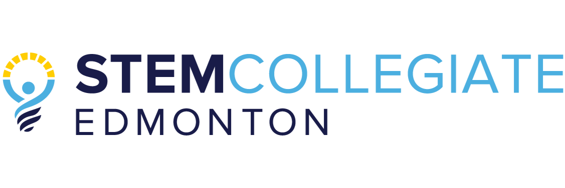 Logo for STEMCollegiate Edmonton, featuring a stylized light bulb with a yellow filament and dark blue base, alongside the text 'STEMCOLLEGIATE EDMONTON' in dark blue and light blue.