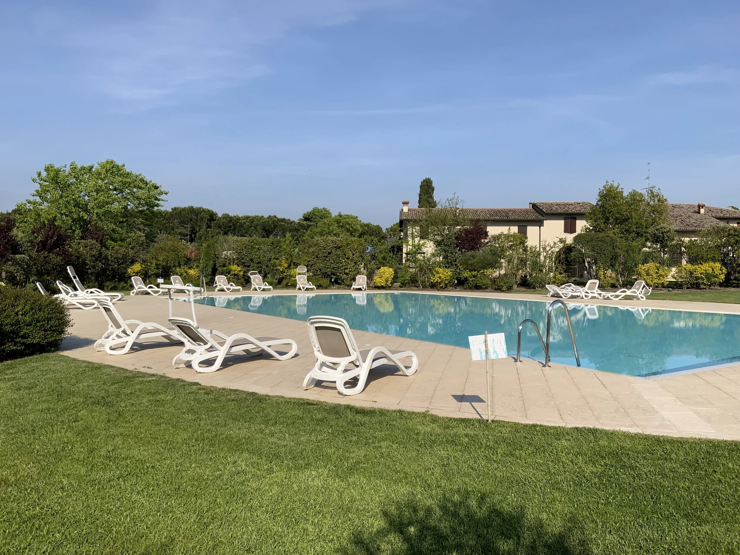 An outdoor swimming pool with white lounge chairs around it, surrounded by green grass and trees, with residential buildings in the background under a clear blue sky.