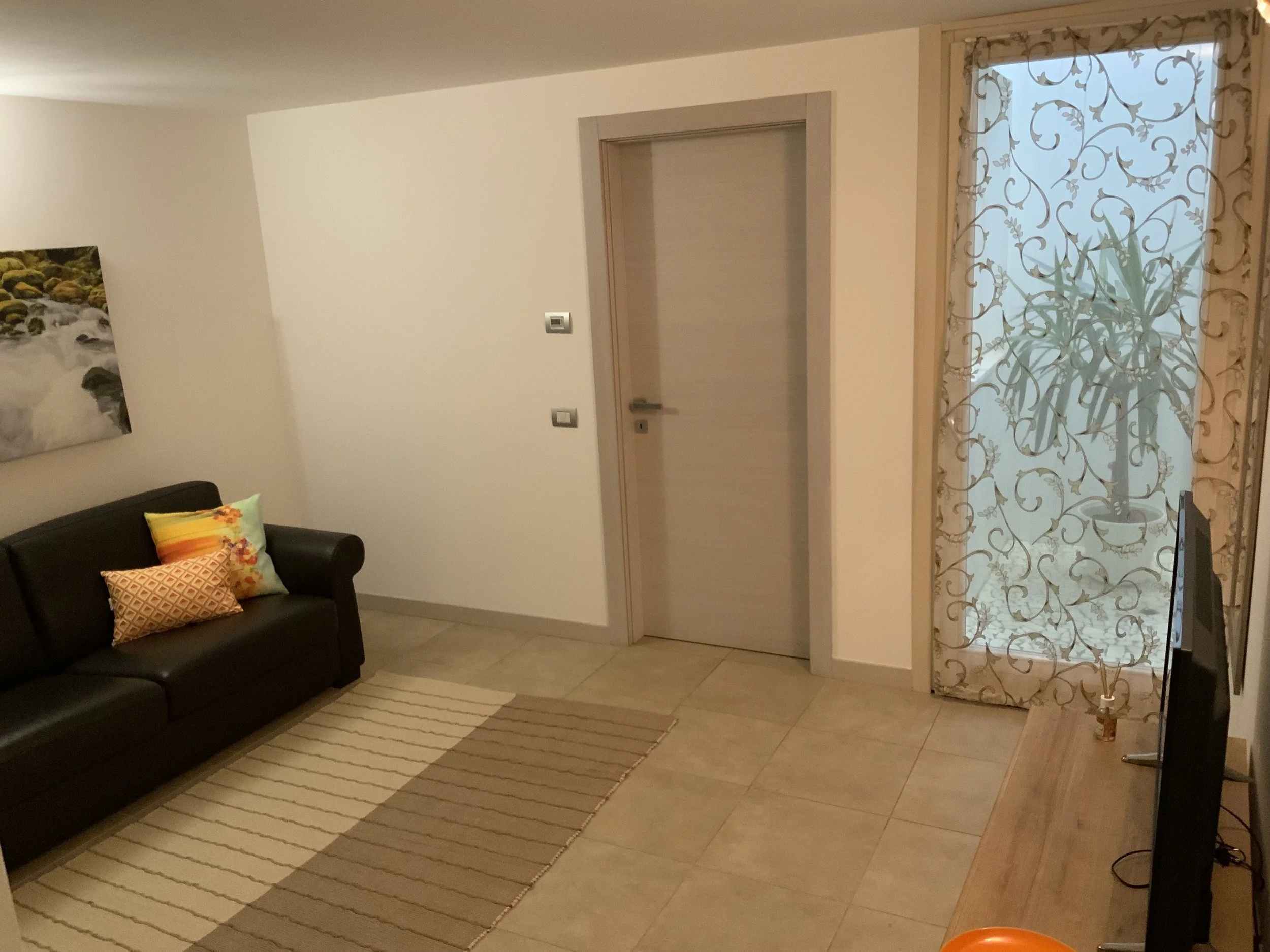 A living room with a black leather sofa decorated with colorful throw pillows, a wall-mounted painting of a river scene, a wooden TV stand with a flat-screen TV, a window with patterned curtains, a closed door, and a beige and cream striped rug on be