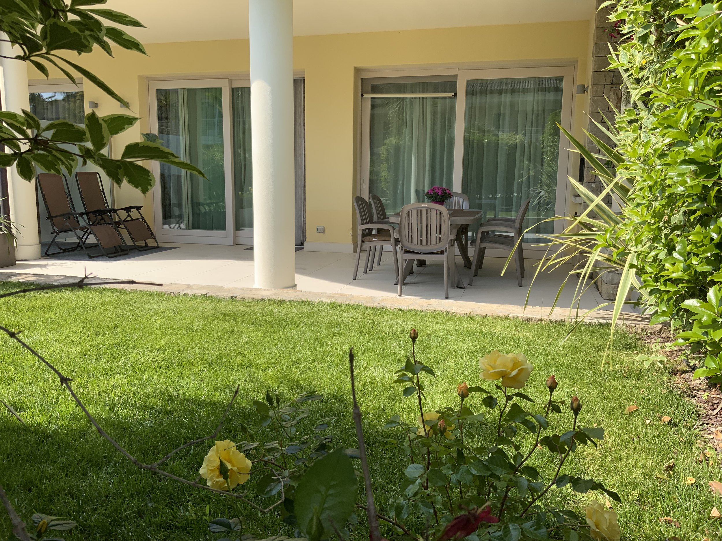 A backyard patio with a round table and six chairs, potted flowers on the table, lounge chairs, and lush green grass with yellow flowers in the foreground.