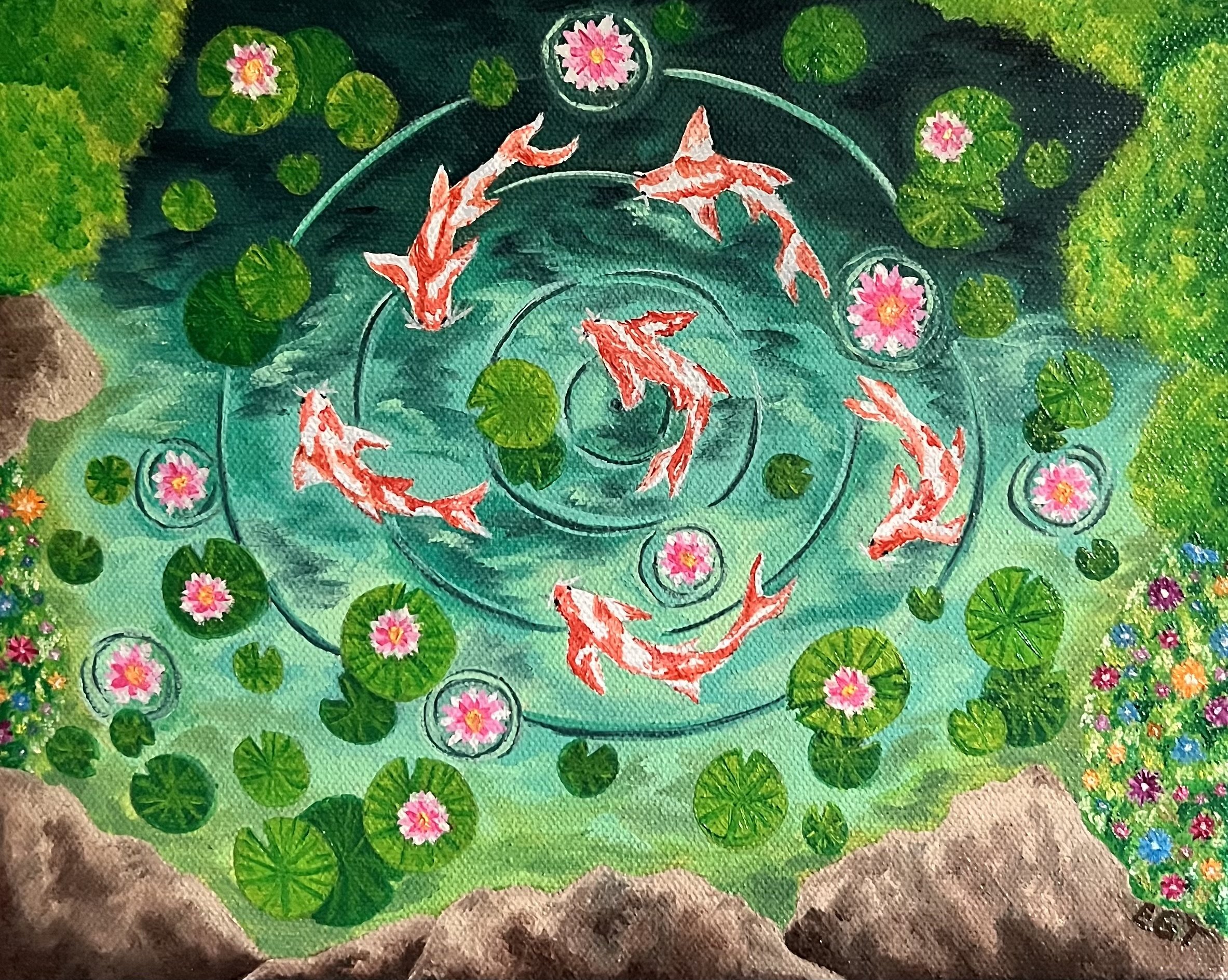 "Tranquil Koi Pond" - 25 x 20 cm Oil Painting