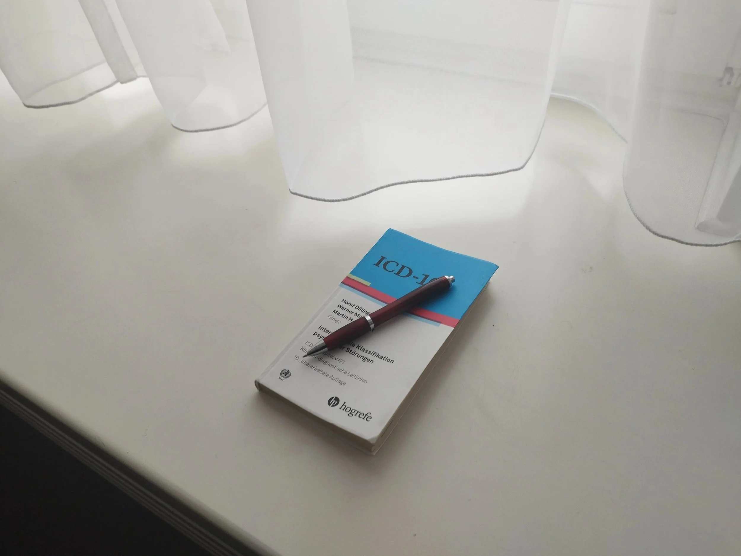 ICD-10 Buch mit Stift als Symbol für Einzeltherapie in der Psychotherapiepraxis Bremen bei Svetlana Kess